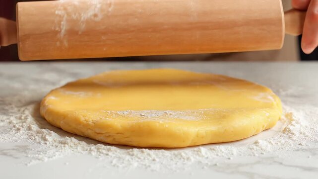 Closeup of hands using a wooden rolling pin to flatten dough on a floured surface 1.