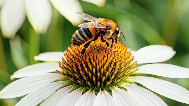 Close up of a bee collecting nectar from a white coneflower in sunlight.