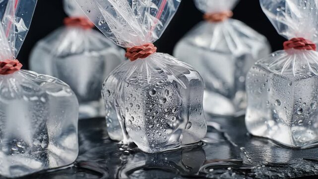 Clear Plastic Bags Filled With Water Tied With Red Rubber Bands.