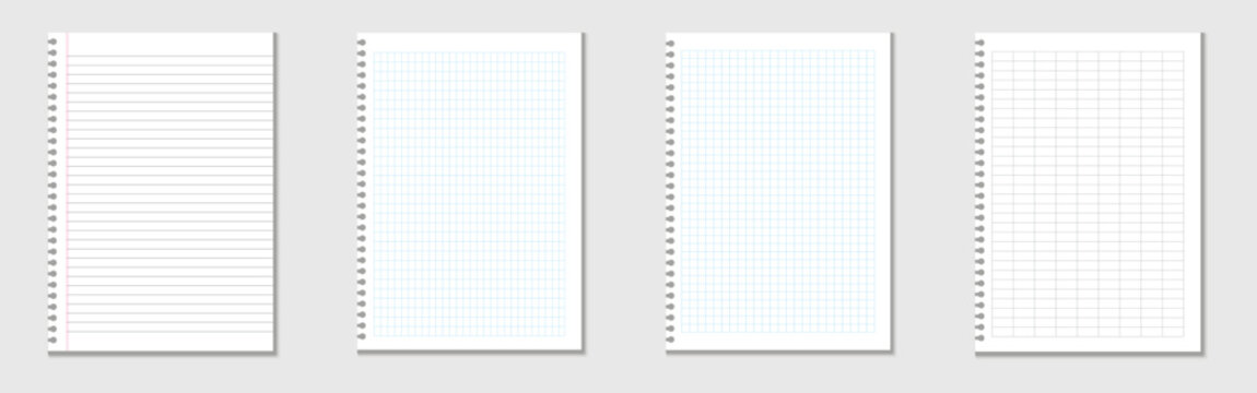 Set of blank paper sheets. Realistic workbook paper sheets. Mockup sheets of paper torn from a notebook. Blank gridded notebook 