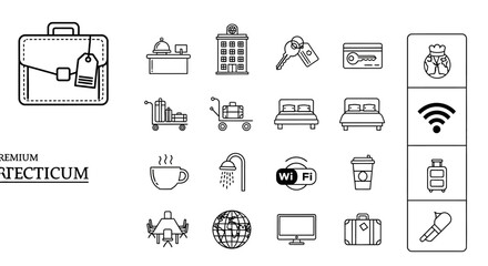 Fototapeta premium Hotel Icons Set: Travel, Accommodation, and Services