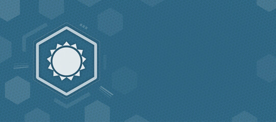 Obraz premium Vector sun icon on blue hexagon background with copy space for weather and renewable solar energy
