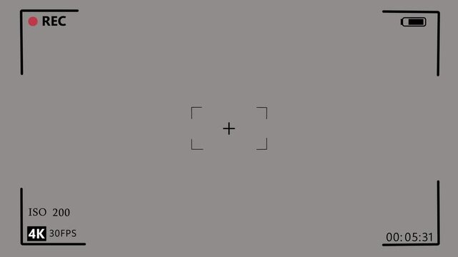 Digital camera viewfinder recording screen interface. Video camera recorder screen overlay on a transparent background, 4K camcorder interface for video cameras with alpha channel.