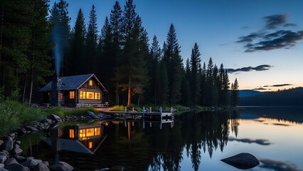 Fototapeta premium inviting log cabin glows with light beside a tranquil lake, surrounded by a dense forest as dusk settles.
