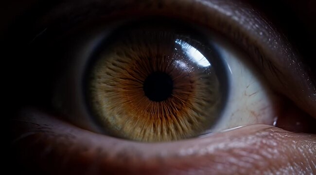 Macro human eye close up with brown hazel iris, detailed eyeball anatomy in cinematic lighting, visionary gaze and optical health concept
