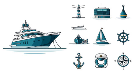 Luxury Yacht and Nautical Icons Set: Boating and Maritime Elements © Sifaul