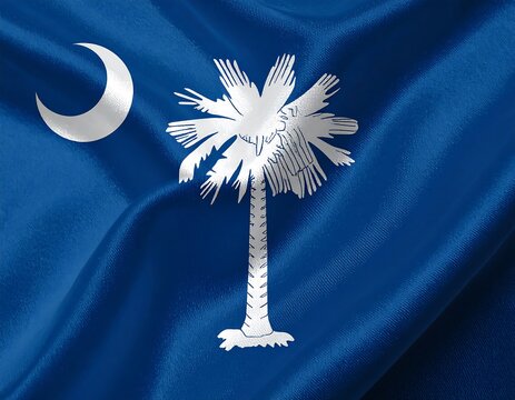 A blue flag with a crescent moon and a palm tree