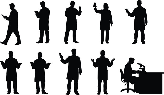 Science silhouettes, laboratory researchers, microscope observation, flask experiment, scientific teamwork, research dedication, academic study, lab coats, innovation pursuit, knowledge discovery