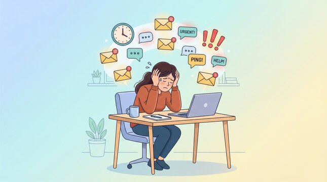 Overwhelmed by Digital Flood: A person grapples with the relentless tide of digital notifications, illustrating the strain of information overload in modern life. 