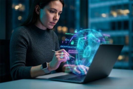 Professional woman working on laptop at night with glowing cybersecurity shield and data encryption interface.