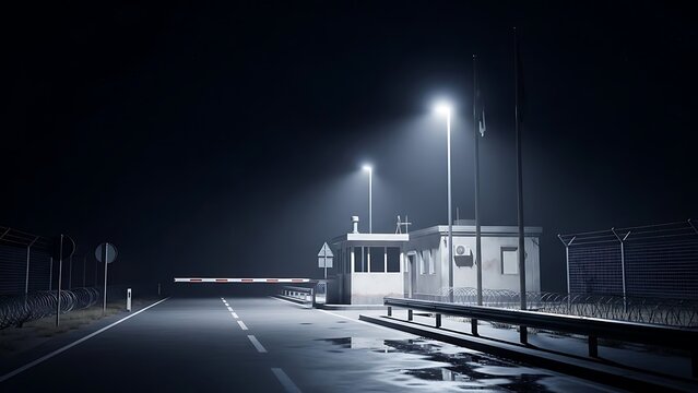 illuminated by streetlights, leading to a security booth and a closed barrier. Fog or mist hangs in the air.
