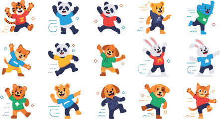 Obraz premium Cute Animal Sports Vector Set with Tiger, Panda, Dog, Rabbit and Cat Characters Running, Jumping and Exercising for Fun Fitness Cartoon Illustration Design.