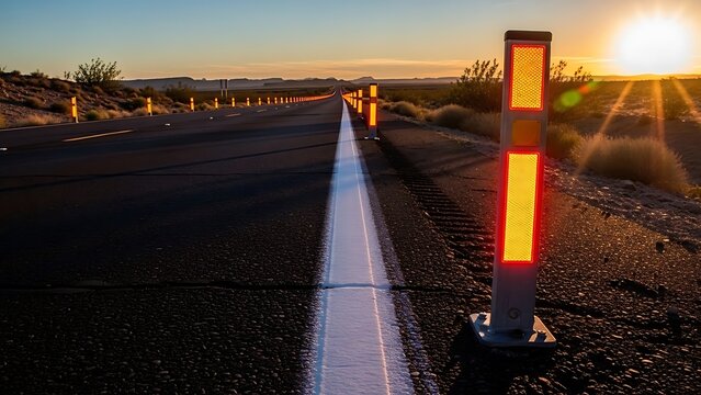 Orange reflectors line a desert highway as the sun sets, casting long shadows and illuminating the road.