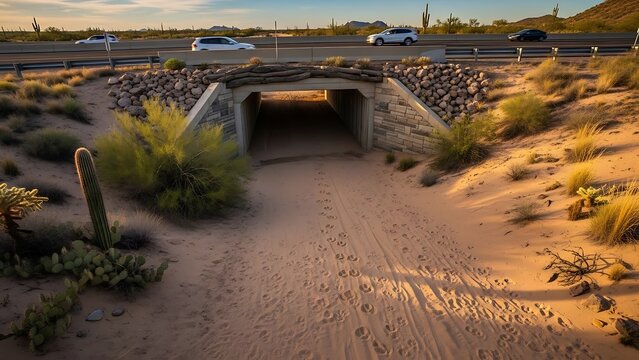 Desert wash leads to a concrete wildlife underpass, with a highway and cars visible above. The scene is bathed in the warm light of sunset.