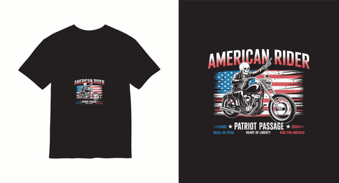 American rider skull on motorcycle with usa flag t-shirt design concept