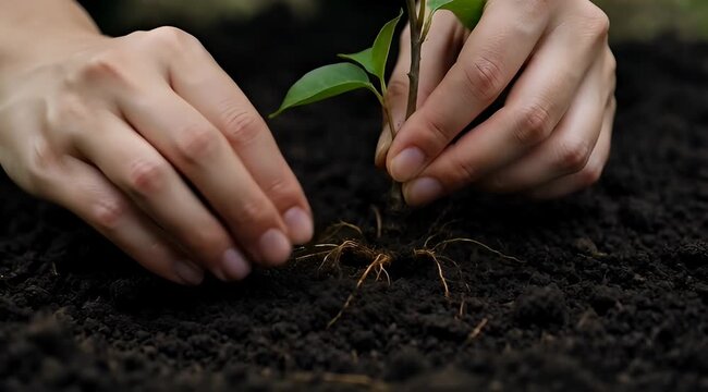 Close up of hands carefully planting a small tree sapling in soil