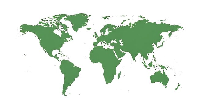 Minimalist flat green world map illustration, perfect for international business and environmental themes.