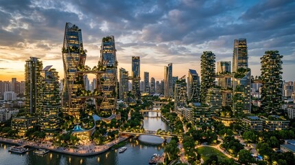 Obraz premium Futuristic sustainable cityscape featuring eco friendly skyscrapers with lush vertical gardens along a scenic urban riverfront