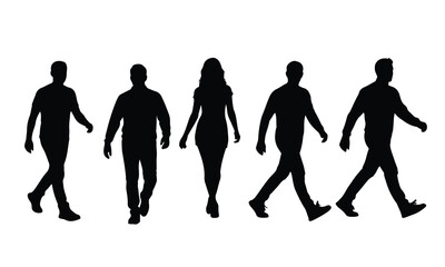 Obraz premium Five black silhouette figures of men and women walking and standing, presented as a group on a clean white background.