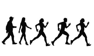 Fototapeta premium Diverse group of silhouettes, including walkers and runners, showcasing a blend of activities, fitness, and forward momentum.