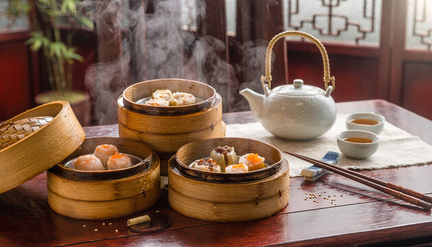 Steaming dim sum and tea in a chinese setting. Perfect for food blogs, restaurant menus, and travel websites, this photo captures the essence of traditional chinese dining with dim sum and tea.