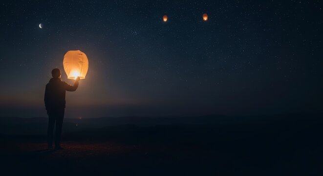Person releasing glowing lantern at night.