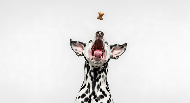 Dalmatian dog catching treat against white background studio shot