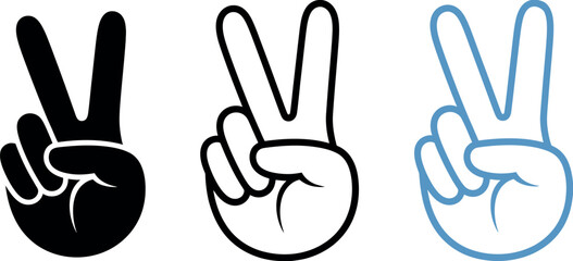 Fototapeta premium Peace hand icons V gesture black blue vector set freedom success victory positive expression clean modern illustration