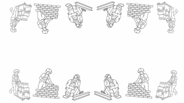 construction workers building brick walls in a repetitive pattern design