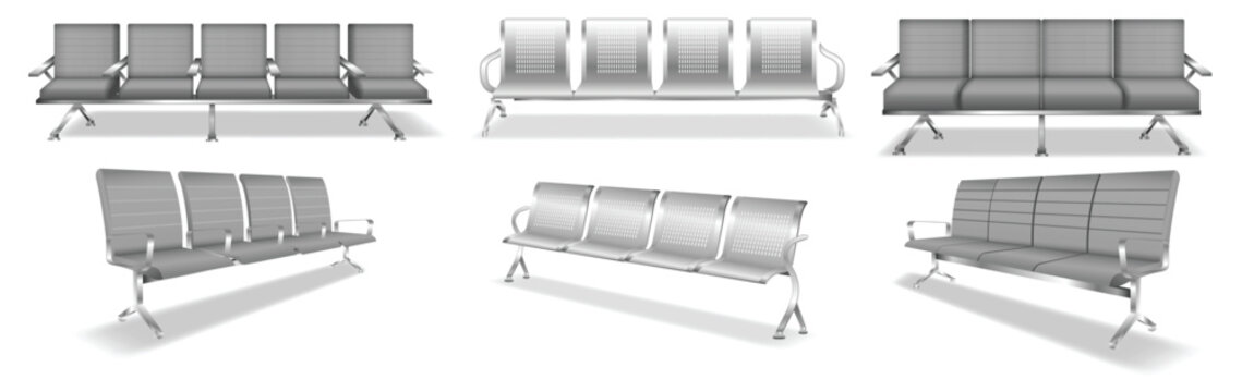 Set of public waiting area bench seats isolated on white background. Modern connected plastic chairs with metal frame commonly found in airports, hospitals, stations, terminals