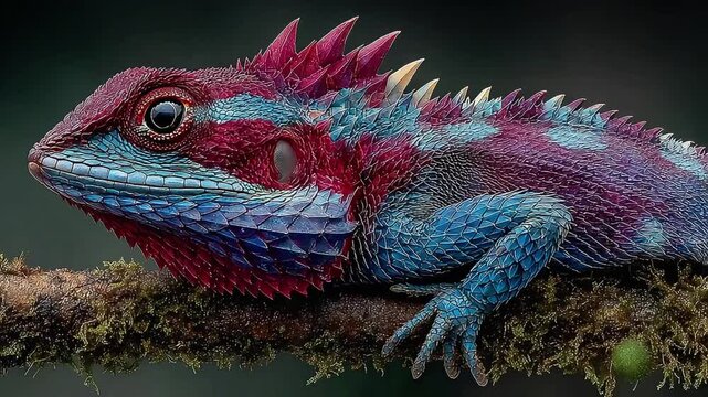 A strikingly colored lizard perched on a mossy branch, evokes a sense of wonder and resilience. Ideal for nature blogs, educational materials, or repr
