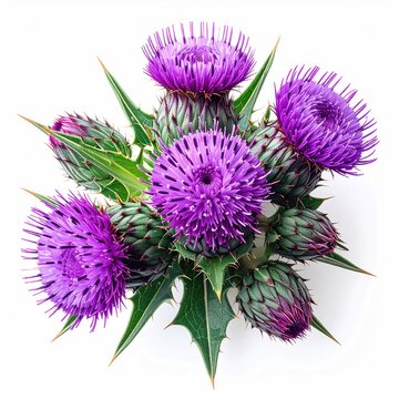 Close-up of vibrant purple thistle flowers and spiky green bracts arranged in a floral composition against a white background