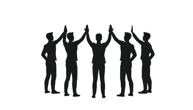 Five male silhouettes stand in a circle with arms raised, hands touching in a symbol of unity and success.