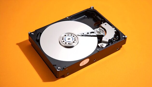 Close-up of a hard disk drive on an orange surface.
