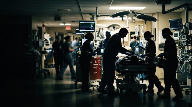 Medical team performing emergency life saving procedures on patient in hospital operating room intensive care unit