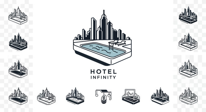Modern Hotel Infinity Logo with Cityscape and Pool - Vector Illustration