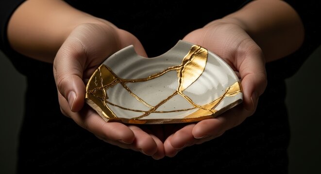 Hands holding broken ceramic bowl repaired.