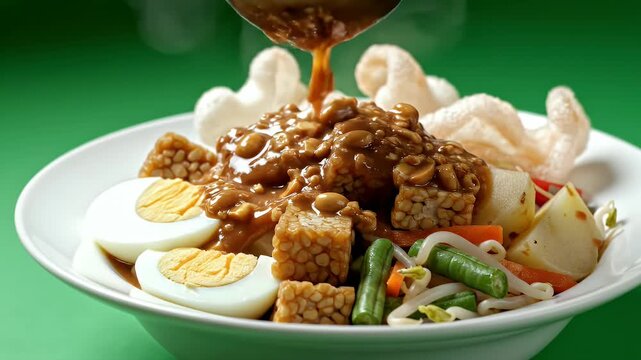 Delicious Gado Gado Salad Dish With Peanut Sauce Being Poured On Top A Vibrant Green Background