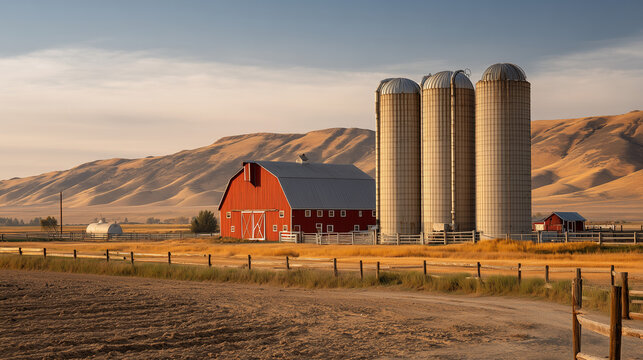 Red barn with silos in rural farmland, capturing agriculture, countryside life, farming industry, and scenic landscape with mountains in background.