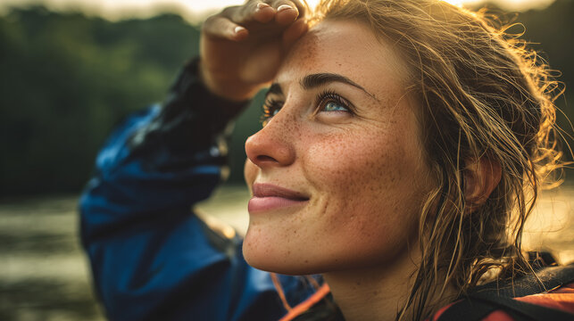 Smiling woman looking ahead outdoors in warm sunlight, capturing optimism, hope, adventure, and positive lifestyle with natural background.