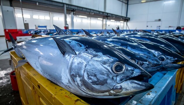 Freshly caught tuna fish arranged in a commercial seafood processing facility.