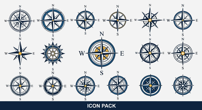Nautical Compass Rose Icon Collection - Vintage Navigation Symbols