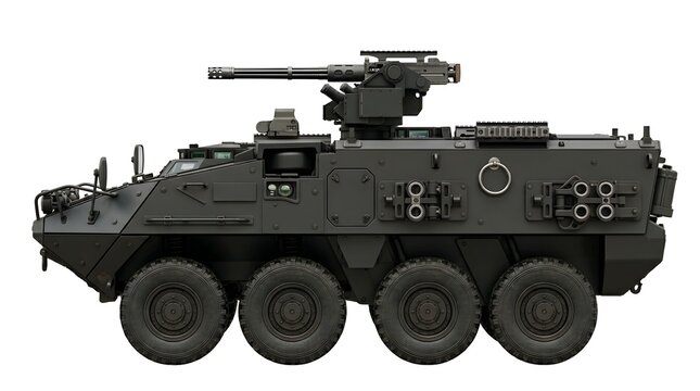 Modular Matte Black Tactical SWAT Response Vehicle with Roof-Mounted Remote Weapon Station (RWS) and Red Cross Symbols, Isolated on White