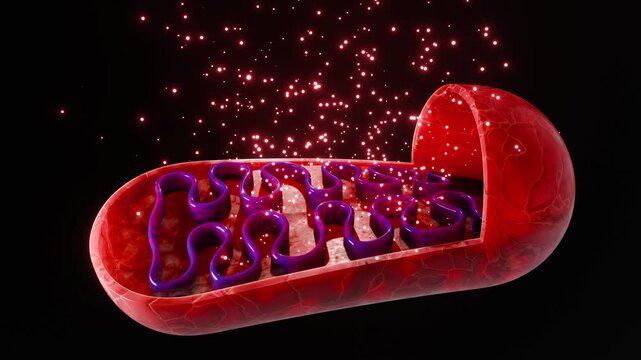 Mitochondria function in cellular metabolism showing ATP synthesis, biochemical energy conversion, and respiration processes supporting life at the cellular level in human organisms. 3D model.
