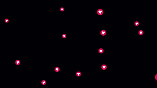 Red heart fountain fly up animation on black background. Live streaming in love happy reaction video footage template. Love emoji flying loop. Colorful love emoji particles floating upwards motion.