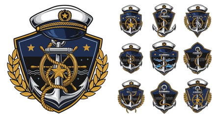 Nautical Emblems Set: Anchor, Ship Wheel, Captain Hat, Laurel Wreath © Tisa