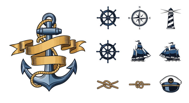 Nautical Icons: Anchor, Ships, Helm, Compass, Lighthouse, Captain Hat