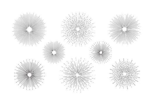 Collection of seven grey starburst sunburst radial line patterns
