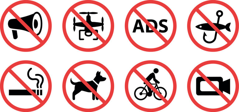 Prohibition icons red black signs no noise drones ads fishing smoking dogs cycling recording vector isolated transparent background