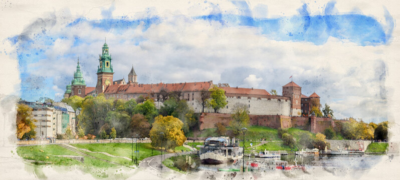 Panorama of Wawel Castle and Cathedral on the Vistula River in Krakow, Poland in watercolor style illustration